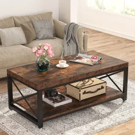 2-Tier Coffee Table, 43" Industrial Cocktail Table with Storage Shelf