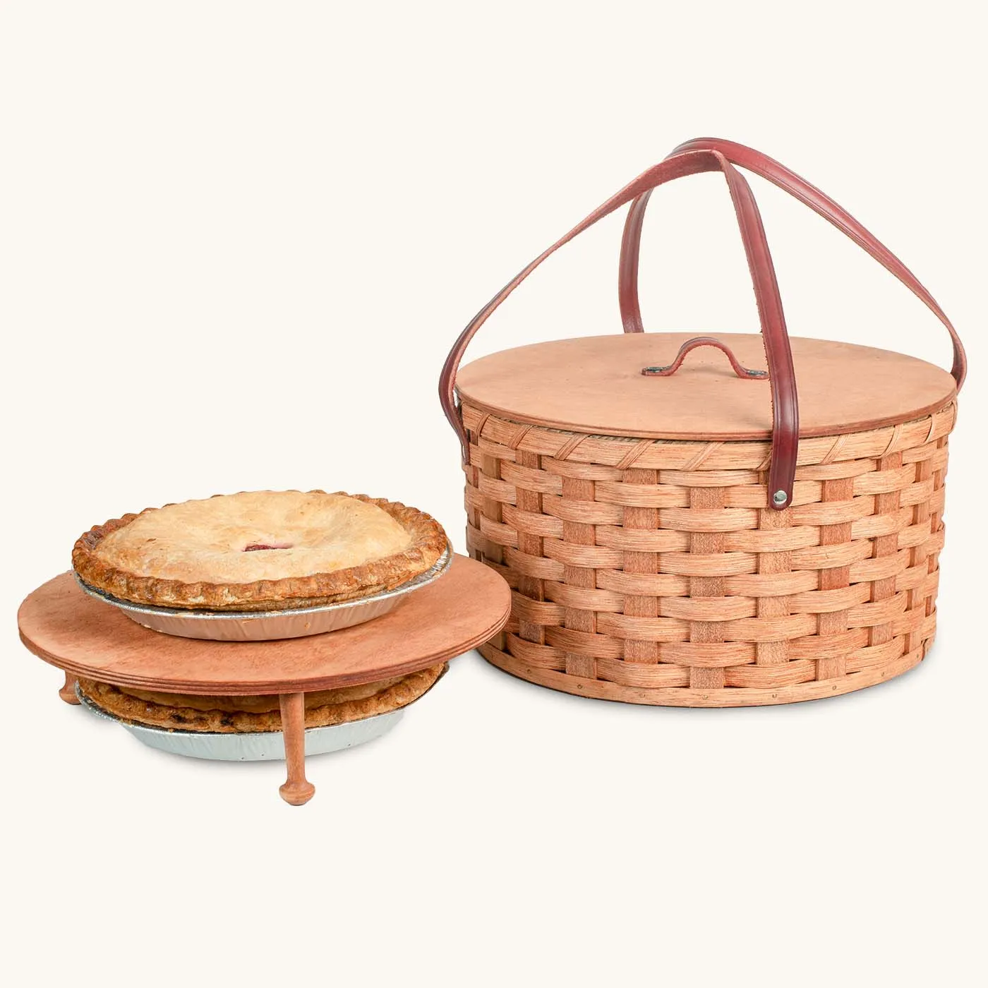 Dual Pie Carrier | Amish Woven Wooden 2-Pie Basket w/Tray