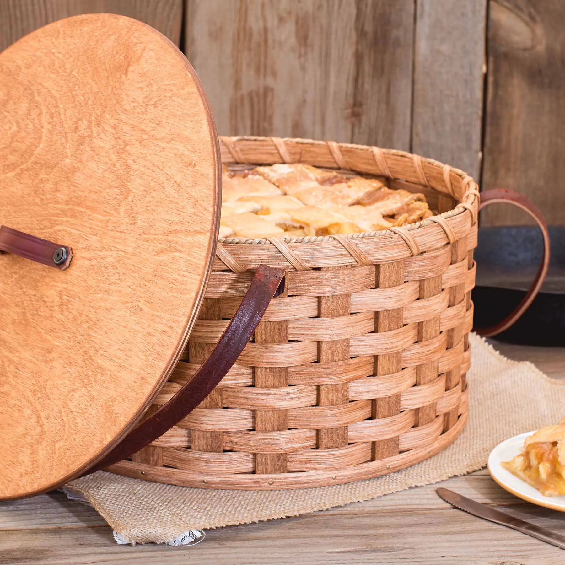 Dual Pie Carrier | Amish Woven Wooden 2-Pie Basket w/Tray