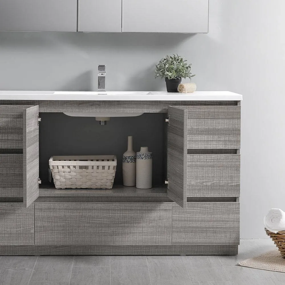 Fresca FVN9360HA-S Lazzaro 60" Ash Gray Free Standing Single Sink Modern Bathroom Vanity with Medicine Cabinet