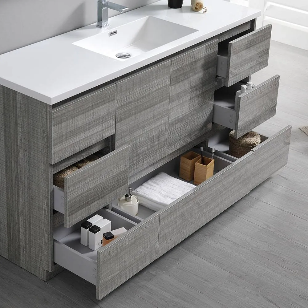 Fresca FVN9360HA-S Lazzaro 60" Ash Gray Free Standing Single Sink Modern Bathroom Vanity with Medicine Cabinet