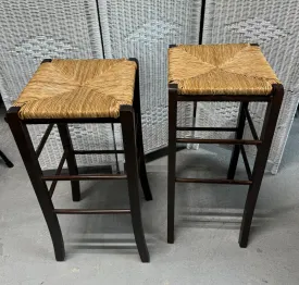 Pair of Lightweight Square Wooden Bar Stools with Woven Seats