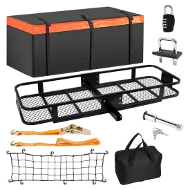 SANNWSG Folding Hitch Mount Cargo Carrier 60" x 22" x 7.1",Heavy Duty 600lb Cargo Rack Rear Luggage Basket with Waterproof Cargo Bag 16 Cubic Feet(58" 19" 24")，Black Steel, 2-in Folding Shank