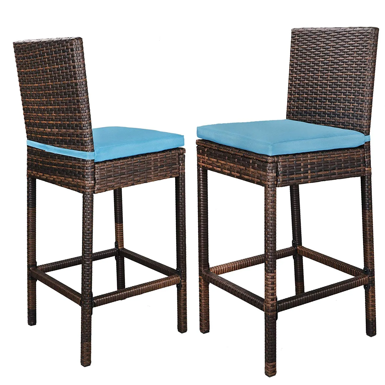 ZENY™ Outdoor 2 Pcs All Weather Patio Furniture Brown Wicker Barstool with Cushions, Blue